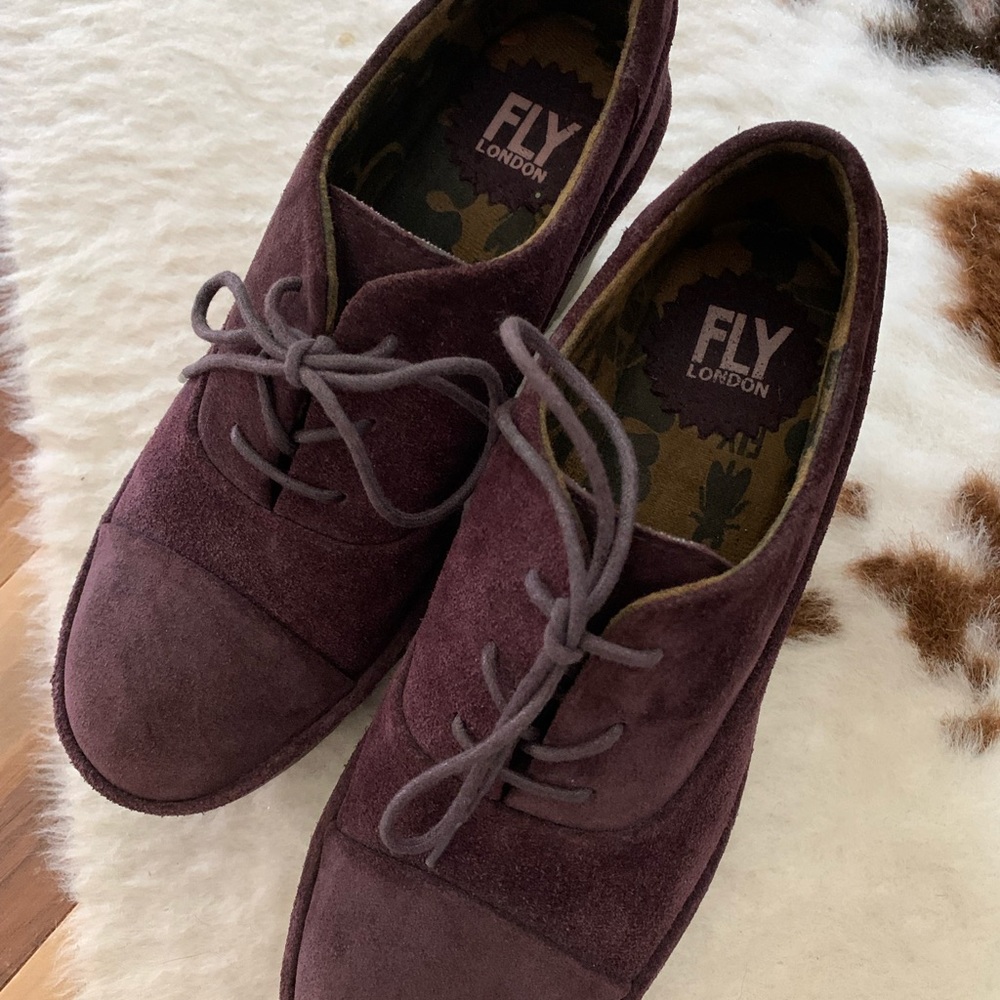 Fly London Purple Suede Wedge Oxfords with Green Platform - Picture 6 of 8